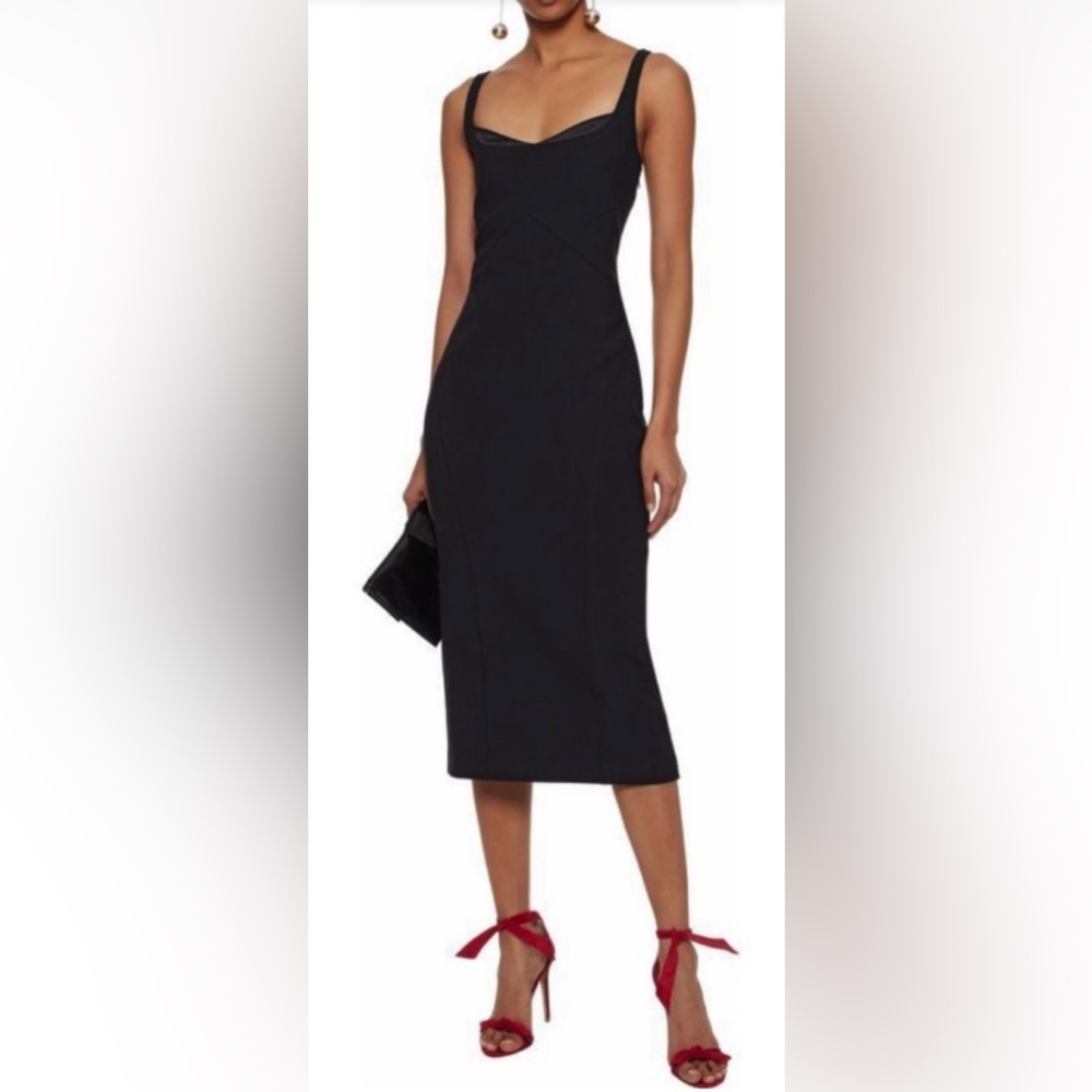 Cinq a Sept Mies Jolie Midi Bodycon Cocktail Dress Sleeveless Silk trim Black 2